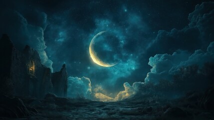 Obraz premium Mystical arched window revealing crescent moon in a serene night sky