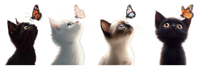 PNG Kittens fascinated by butterflies, element set on transparent background