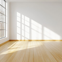 Bright and Airy Room with Wooden Floor and Large Window Reflection