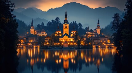 Lakefront town at twilight, illuminated