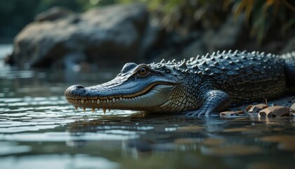 Fototapeta premium American Alligator at Water's Edge: Dark Scales, Serene Gaze