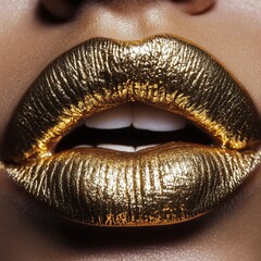 Golden lips shine in striking closeup, showcasing bold makeup, and luxurious appeal. The gleaming texture creates a glamorous statement.