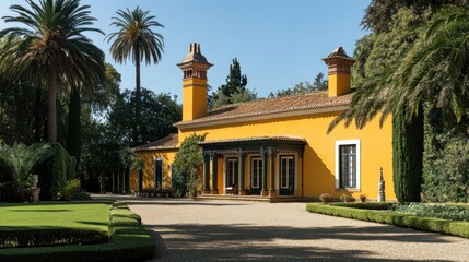 Obraz premium Vibrant Yellow Historic Villa Surrounded by Lush Greenery and Palm Trees in a Serene Outdoor Setting