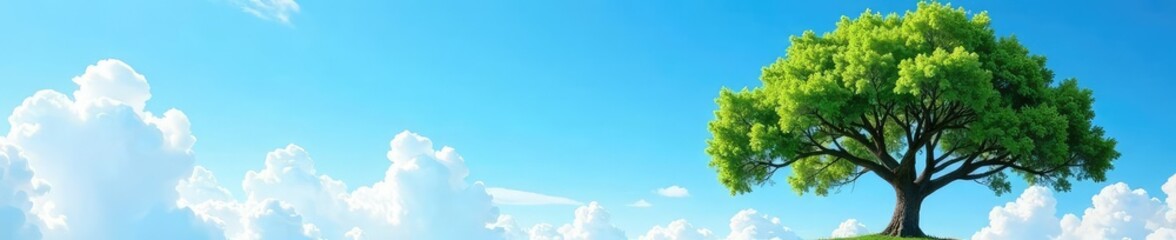 Obraz premium Tree against a bright blue sky with fluffy white clouds, peaceful, airy