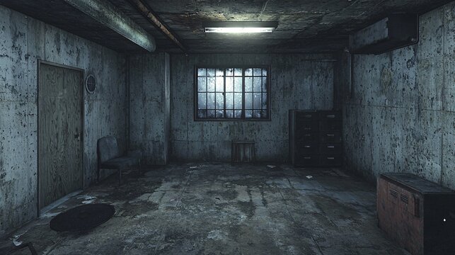 Abandoned Room with Dim Lighting and Weathered Concrete Walls