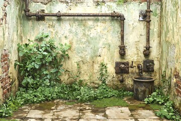Abandoned room with peeling walls and rusty pipes greenery