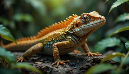 Obraz premium Vibrant Orange and Green Lizard in Lush Tropical Foliage