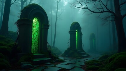 Primeval Forest Backdrop Featuring Moss-Covered Stone Monoliths and Synchronized Light Patterns for Creative Sci-Fi Designs