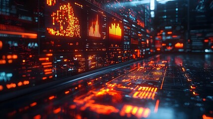 Futuristic fintech office with holographic data analytics displays