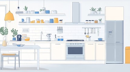 a cartoon kitchen with a refrigerator, stove, sink, and a table.