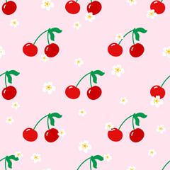 Cherry vector Seamless pattern with cute berries and flower in a minimal style. Perfect for summer textiles, childrens clothing, fabric, wrapping paper
