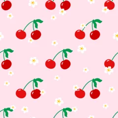Crédence en verre imprimé Cherry vector Seamless pattern with cute berries and flower in a minimal style. Perfect for summer textiles, childrens clothing, fabric, wrapping paper