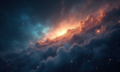 Fototapeta premium Celestial Cloudscape: Cosmic Sunrise - Cosmic/Space Exploration