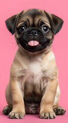 Obraz premium Adorable pug puppy with playful expression and soft fur on pink background