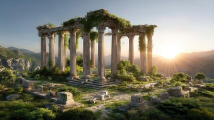 Impressive ancient ruins featuring a bold architectural roman temple surrounded by lush greenery and blue sky above