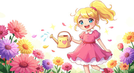 Cute Child Watering Garden with Floral Dress