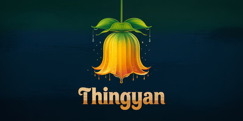 A stylized illustration of an upside-down flower with water droplets against a dark green and blue gradient background, featuring "Thingyan" text in a decorative font