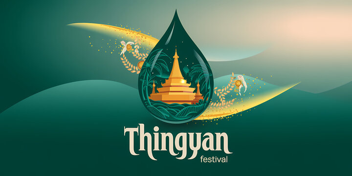 A teardrop-shaped icon with a golden pagoda and intricate green patterns, flanked by golden figures, represents the cultural significance of Thingyan in Myanmar.