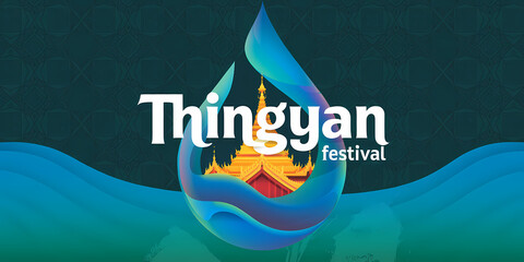 A vibrant design featuring a stylized water droplet with a golden pagoda and red roof inside, symbolizing the Thingyan festival in Myanmar.