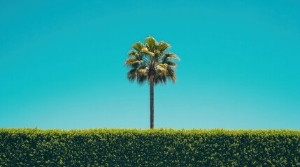 Solitary Palm Tree Against Clear Blue Sky and Lush Green Hedge in Tropical Landscape