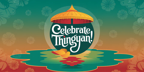A colorful and festive design promoting Thingyan, the Burmese New Year Water Festival, featuring vibrant gradient colors, floral patterns, and traditional imagery with text and reflection
