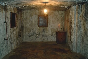 Dimly Lit Abandoned Room with Concrete Walls and Candlelight