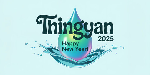 A vibrant Thingyan 2025 greeting with a stylized droplet creating ripples, colorful gradient text, and decorative elements celebrating Myanmar's New Year Water Festival.