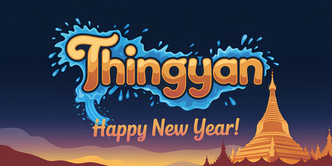 A Thingyan greeting with stylized water splashes, a pagoda illustration, and "Happy New Year!" text against a gradient blue background, celebrating Myanmar's cultural New Year festival