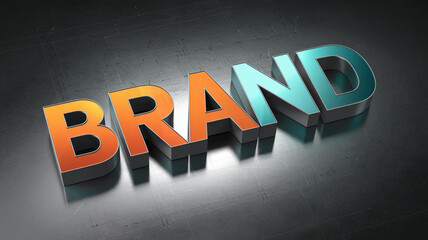 Three-dimensional word BRAND in orange and teal, on a dark gray metallic surface with faint blueprint lines, suggesting a corporate identity or branding concept