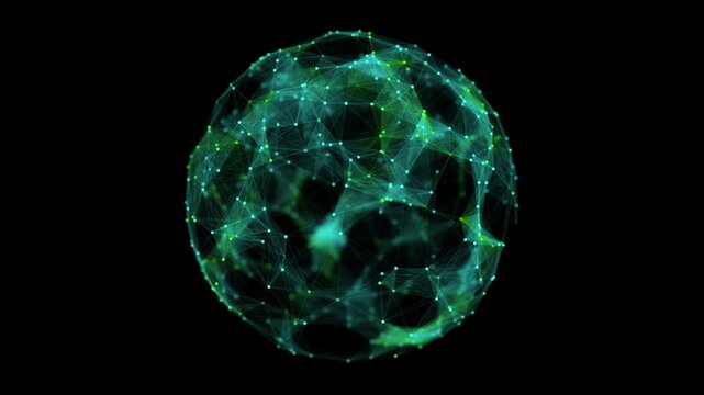 Technology green sphere with connecting dots and lines. Digital abstract network structure. 3D rendering.