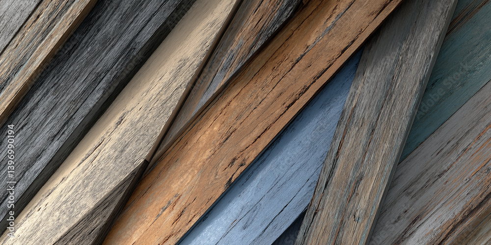 Poster diagonal arrangement of various wood planks, showcasing different shades of brown, gray, and blue, d