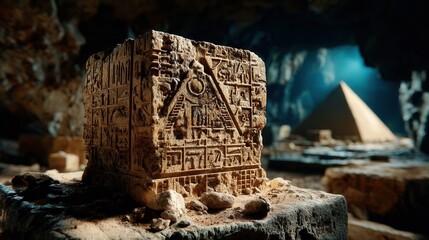Close-up of a carved stone with ancient pyramids in the background highlighting historical significance and cultural heritage