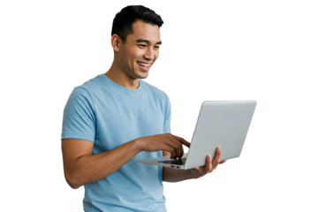 smilling young man using laptop on transparent