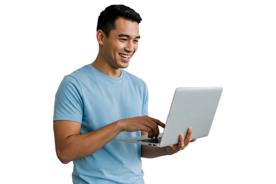 smilling young man using laptop on transparent