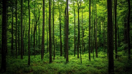 Obraz premium Dense Green Forest with Tall Trees and Lush Underbrush in a Sunlit Natural Landscape