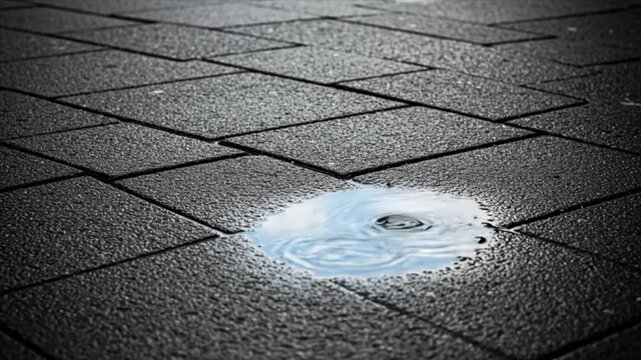 Reflection of sky in water puddle on textured pavement,
