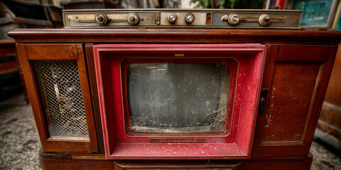 Dusty vintage wooden television with red screen border and a radio on top, showcasing nostalgic design and antique technology, representing a bygone era of entertainment