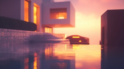 Modern Luxury House with Reflective Pool at Sunset Illuminated by Warm Lights and Colorful Sky