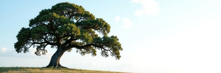 Fototapeta premium White background with a large branch of an oak tree against the cold blue sky, oak, tree