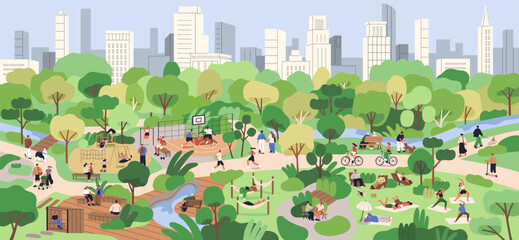 City park life. People on bikes, walking, jogging and exercising on grass outdoors on summer holiday. Urban parkland landscape with lanes, playground, trees, buildings. Flat vector illustration