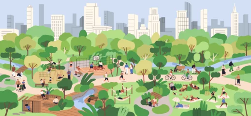 Gardinen City park life. People on bikes, walking, jogging and exercising on grass outdoors on summer holiday. Urban parkland landscape with lanes, playground, trees, buildings. Flat vector illustration © Good Studio
