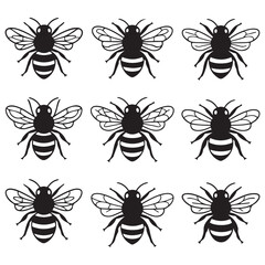 Vector Black silhouettes Selection of hand drawn bees in different styles.with white background