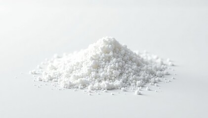 White sugar crystals scattered on white surface, white background, product photography