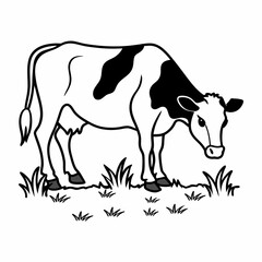 Monochrome vector illustration of a cow grazing on grass, ideal for coloring book.