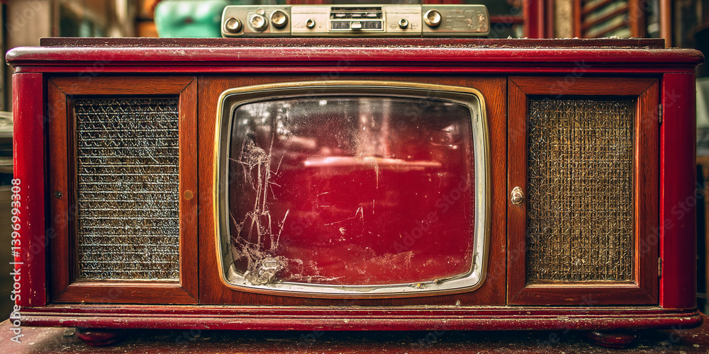 Aufkleber vintage wooden television set with red screen and mesh detailing, showcasing nostalgia and retro des