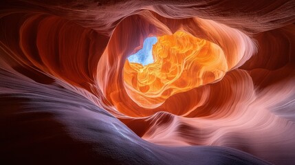 Obraz premium Intricate sandstone formations within a heart-shaped slot canyon. Sunlight streams through, illuminating the vibrant colors