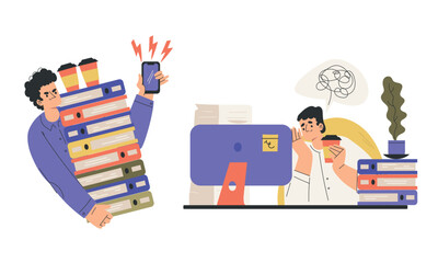 Office Bureaucracy with People Characters Having Loads of Paperwork Vector Set