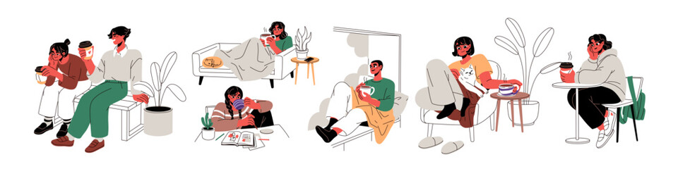People with coffee cups and tea mugs in hands, drinking home and takeaway beverages. Characters relaxing indoor on sofa, by window, outdoor. Flat vector illustrations isolated on white background