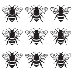 Vector Black silhouettes Selection of hand drawn bees in different styles.with white background