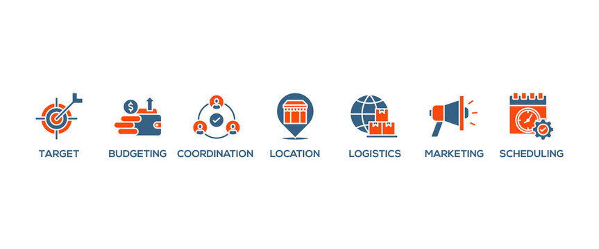 Event management banner web icon vector illustration concept with icon of target, budgeting, scheduling, logistics, location, marketing, and coordination